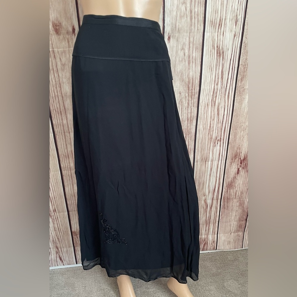 April Cornell Black Flowy Maxi Skirt w/Beaded Floral Accent